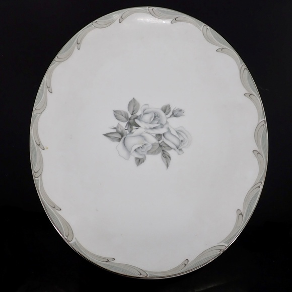 Vtg Japanese Broadway Rose Pattern Fine China Platter Silver Trim Grey on White - Picture 2 of 13
